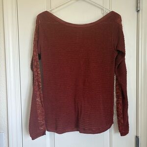 Free People Long Lace Sleeve Scoop Neck Cross Back Brick Red Top- Size S